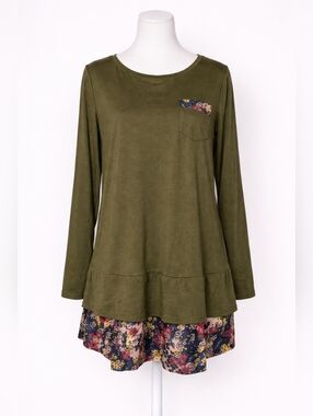 Olive Green Long Sleeve Top with Floral Hem